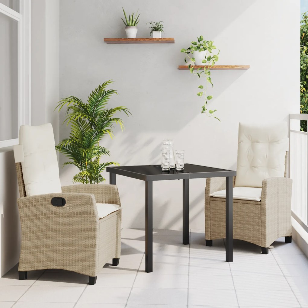 vidaXL Conjunto de Jantar de Jardim de 3 Peças da com Almofadas - Rattan Poliéster Bege