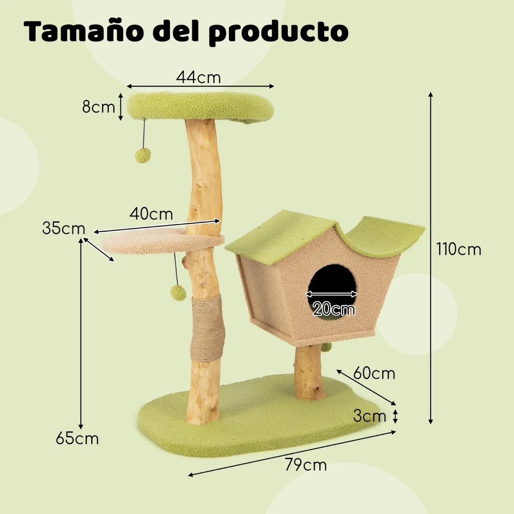 Arranhador para gatos com torre de madeira de 110 cm, com plataforma superior almofadada, com postes para arranhar e plataforma de salto verde