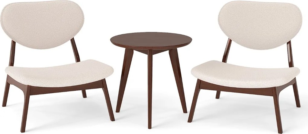 Conjunto de 2 cadeiras baixas decorativas com mesa auxiliar estofadas em veludo de carneiro com estrutura em madeira maciça bege