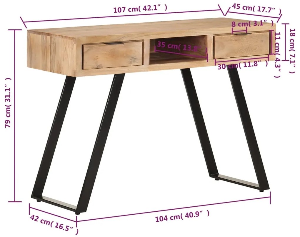 Secretária 107x45x79 cm acácia maciça com arestas vivas