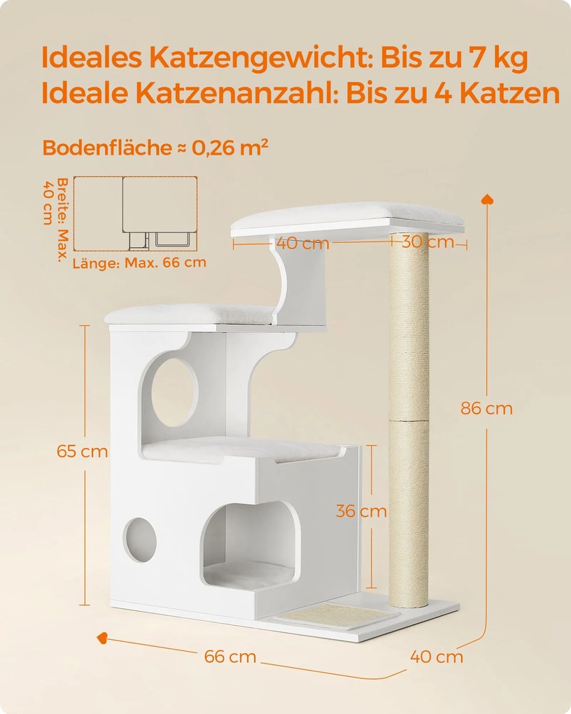 Arranhador Gatos 86 cm com caverna e pilar 66 x 40 x 86 cm Branco 