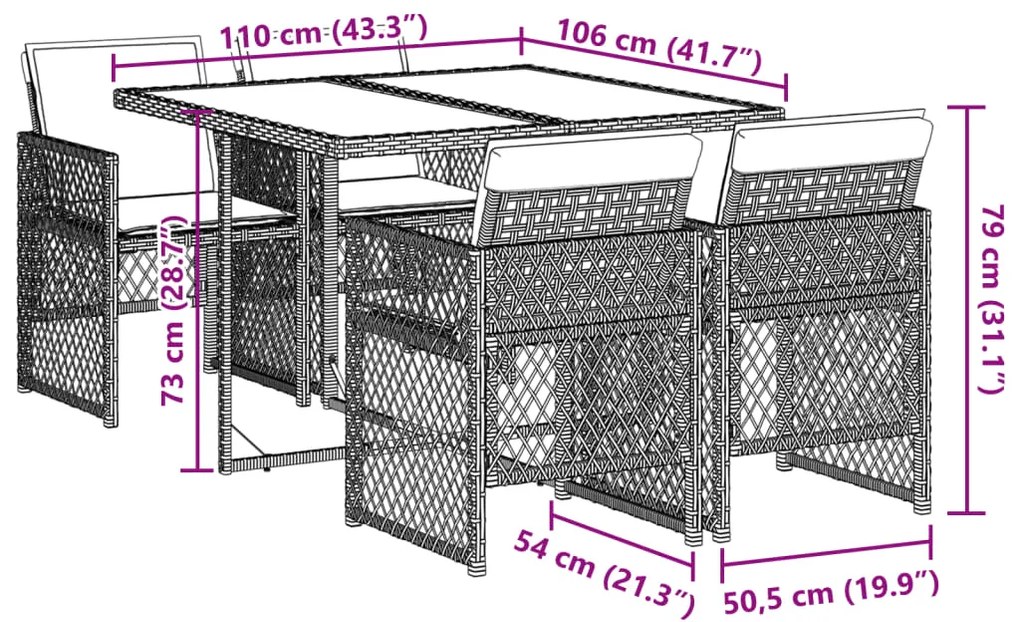 5 pcs conjunto de jantar p/ jardim com almofadões vime PE bege