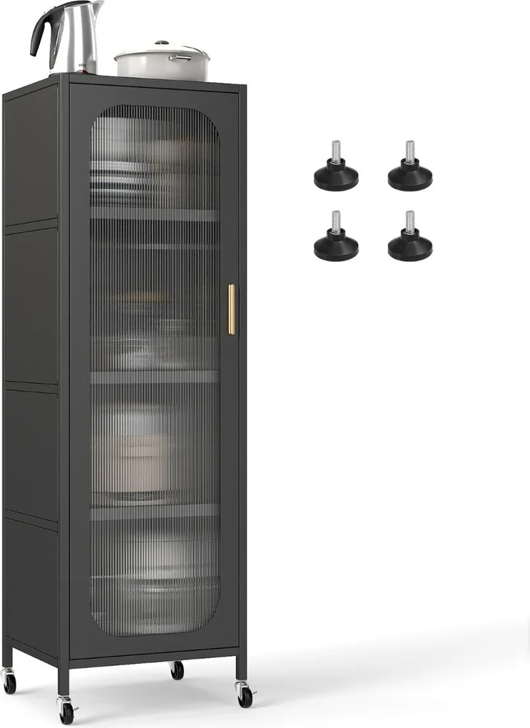 Armário Cozinha metálico 45 x 40 x 141 cm de 5 níveis Despensa de cozinha alta e estreita com prateleiras ajustáveis e porta semitransparente Preto