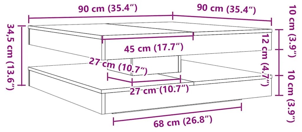 Mesa centro rotativa a 360 graus 90x90x34,5cm carvalho castanho