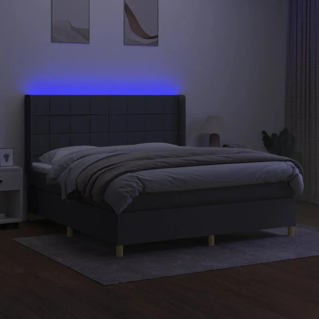 Cama box spring c/ colchão e LED 180x200 cm tecido cinza-escuro