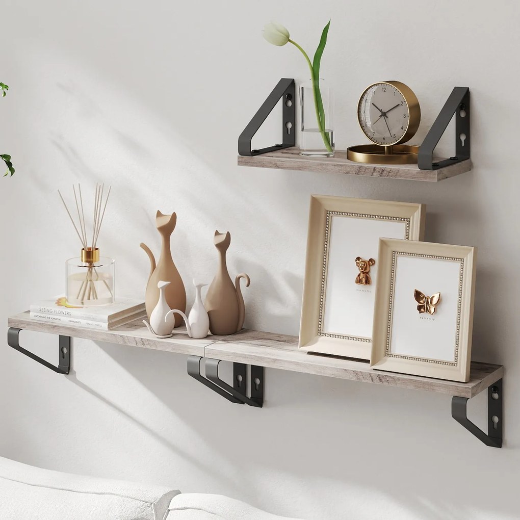 Conjunto de 3 prateleiras rústicas de parede com tamanhos diferentes cinzento + preto