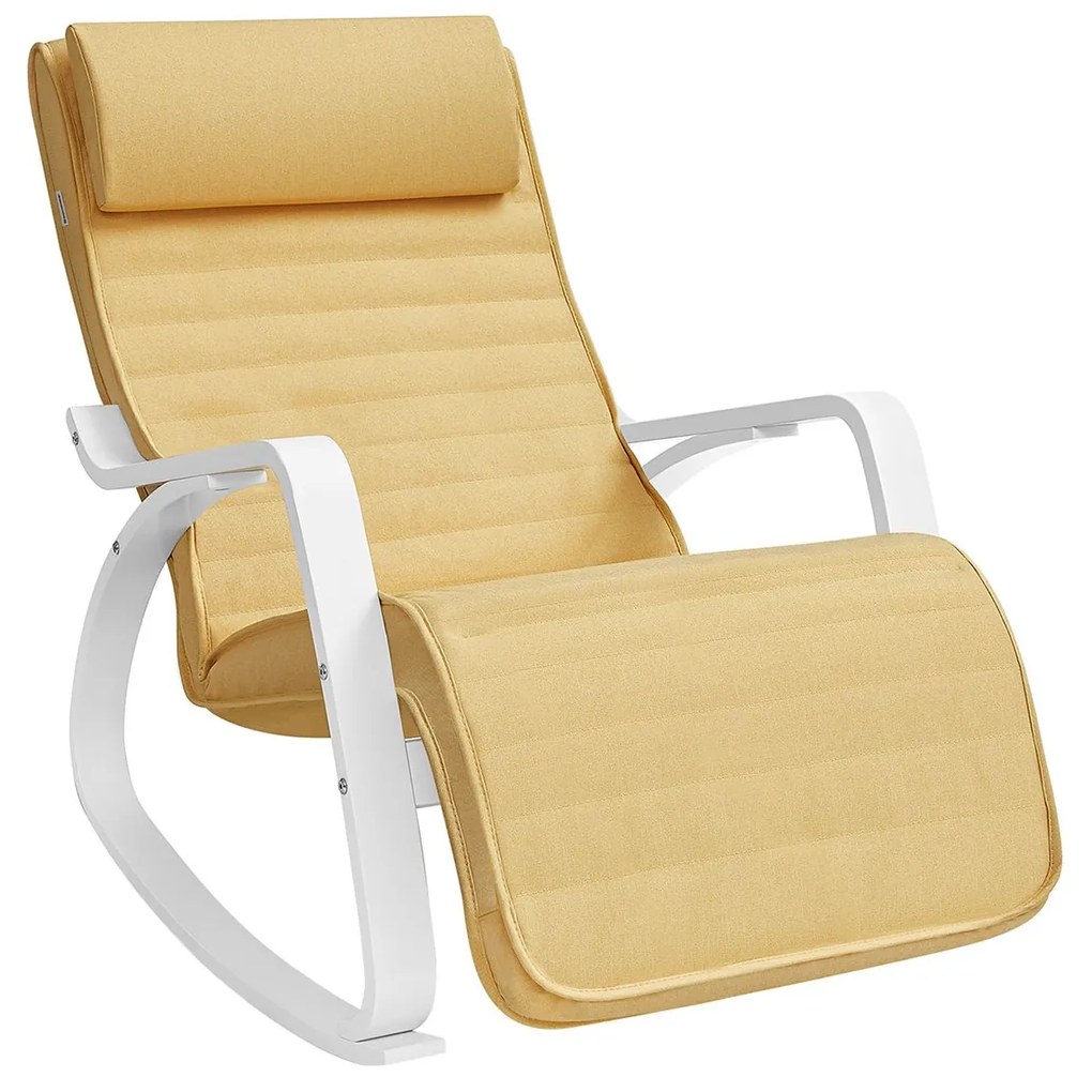 Cadeira de balanço SONGMICS com braços, cadeira de balanço de madeira de bétula, apoio para os pés ajustável em 5 direções, carga de 150 kg para quarto, sala de estar, amarelo pastel natural LYY010Y01