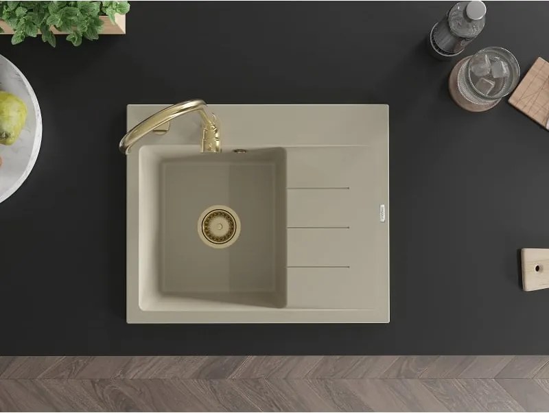 Mexen Ben lava-loiça de granito de 1 cuba com escorredor, esquerdo 600 x 500 mm, bege, sifão dourado - 6522605000-69-G