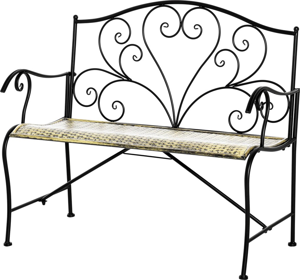 Banco de jardim de 2 lugares 100 x 50 x 88 cm, estilo neo-retro, em ferro forjado, com linhas afiladas, em metal preto dourado, com efeito envelhecido