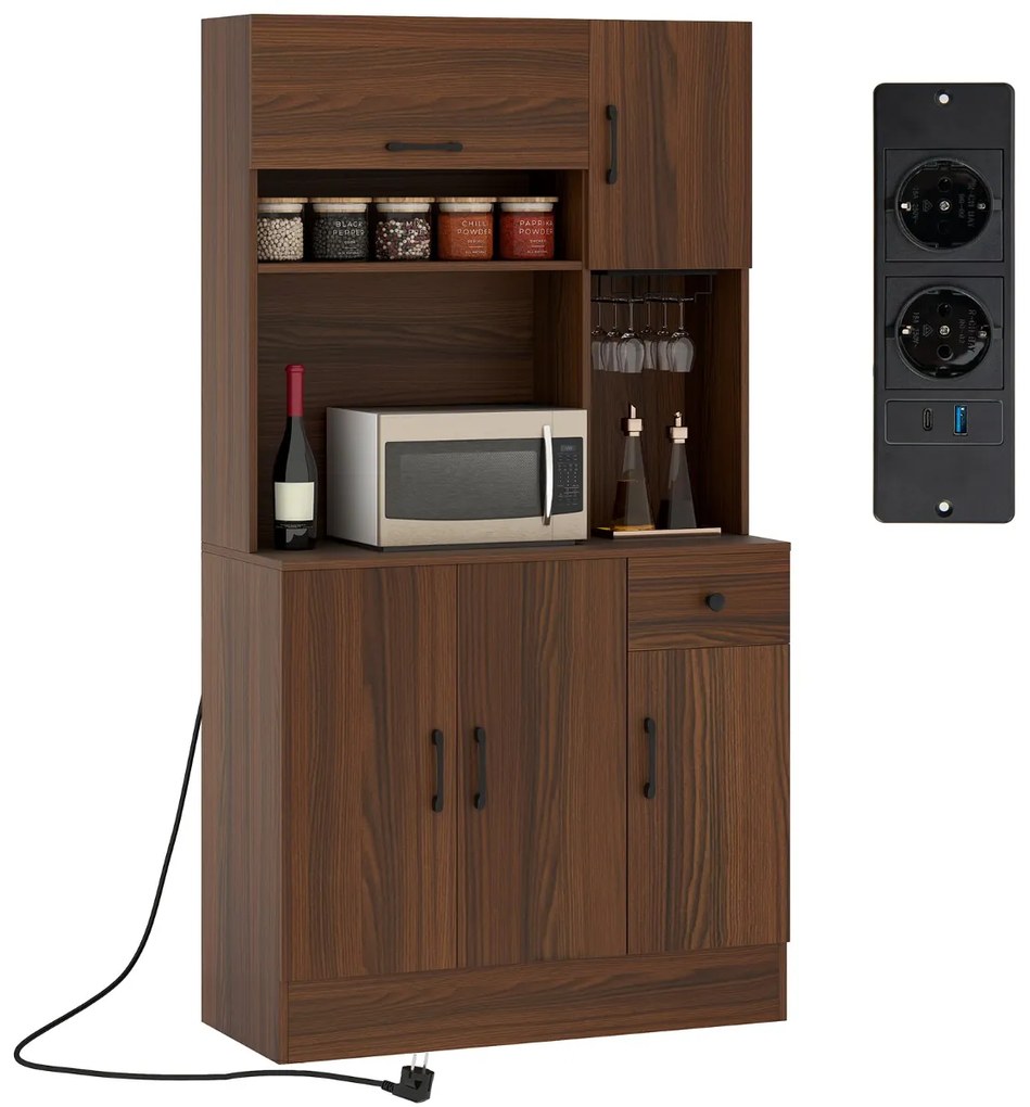 Armário para cozinha com 2 tomadas, 1 porta USB e 1 porta tipo C, gaveta e prateleiras ajustáveis 90 x 39 x 167 cm Cor Nogueira