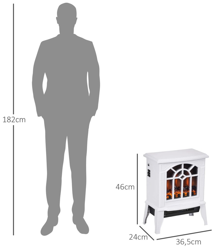 Lareira Elétrica Portátil 1000/2000W com Simulação de Chama Termostato e Proteção de Superaquecimento 36,5x24x46 cm Branco