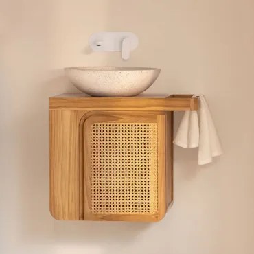 Conjunto De Móvel De Casa De Banho Suspenso Em Madeira De Teca Georgy Madeira De Teca & Cimento Redondo Branco Ø40 Cm Zavion & Sem Espelho - Sklum