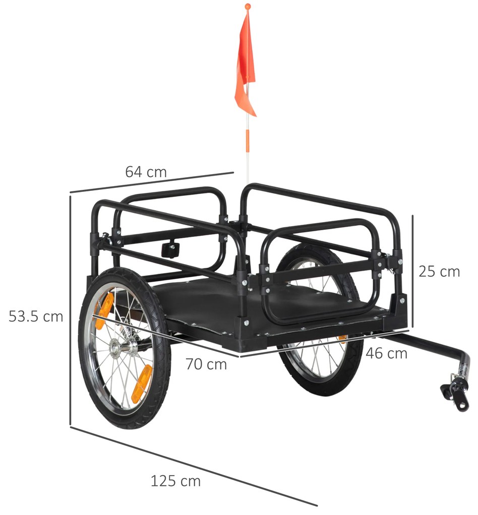 Reboque de Carga para Bicicletas com 2 Rodas Refletores e Bandeira Capacidade de 70L Carga 40 kg 125x64x53,5 cm Preto