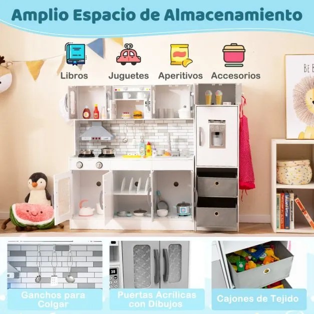 Cozinha brincar de madeira 118 x 29 x 100 cm com luzes e sons Cozinha modular de brincar e frigorífico com funções interativas cinzenta