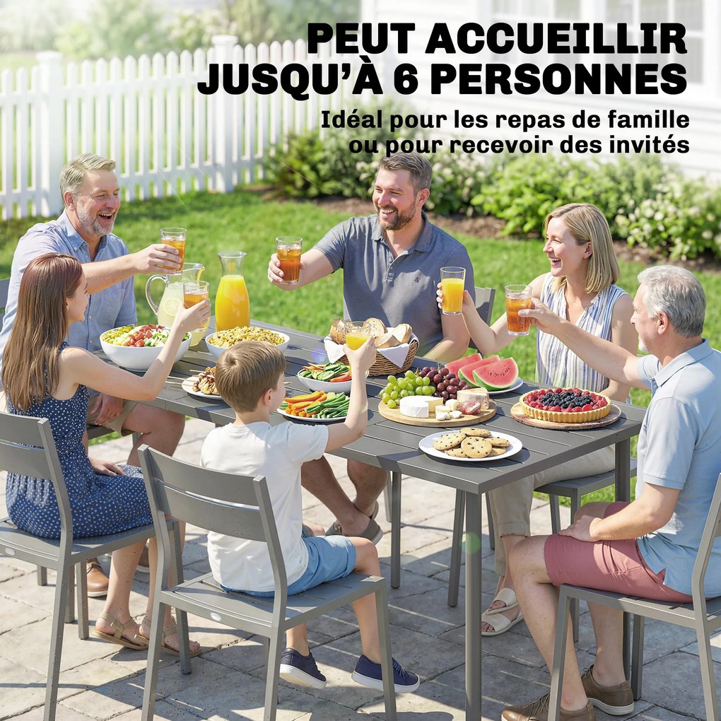 Mesa de jardim para 6 pessoas, 165 x 80 cm (CADEIRAS NÃO INCLUIDAS), mesa de jantar retangular para exterior com tampo de ripas de metal