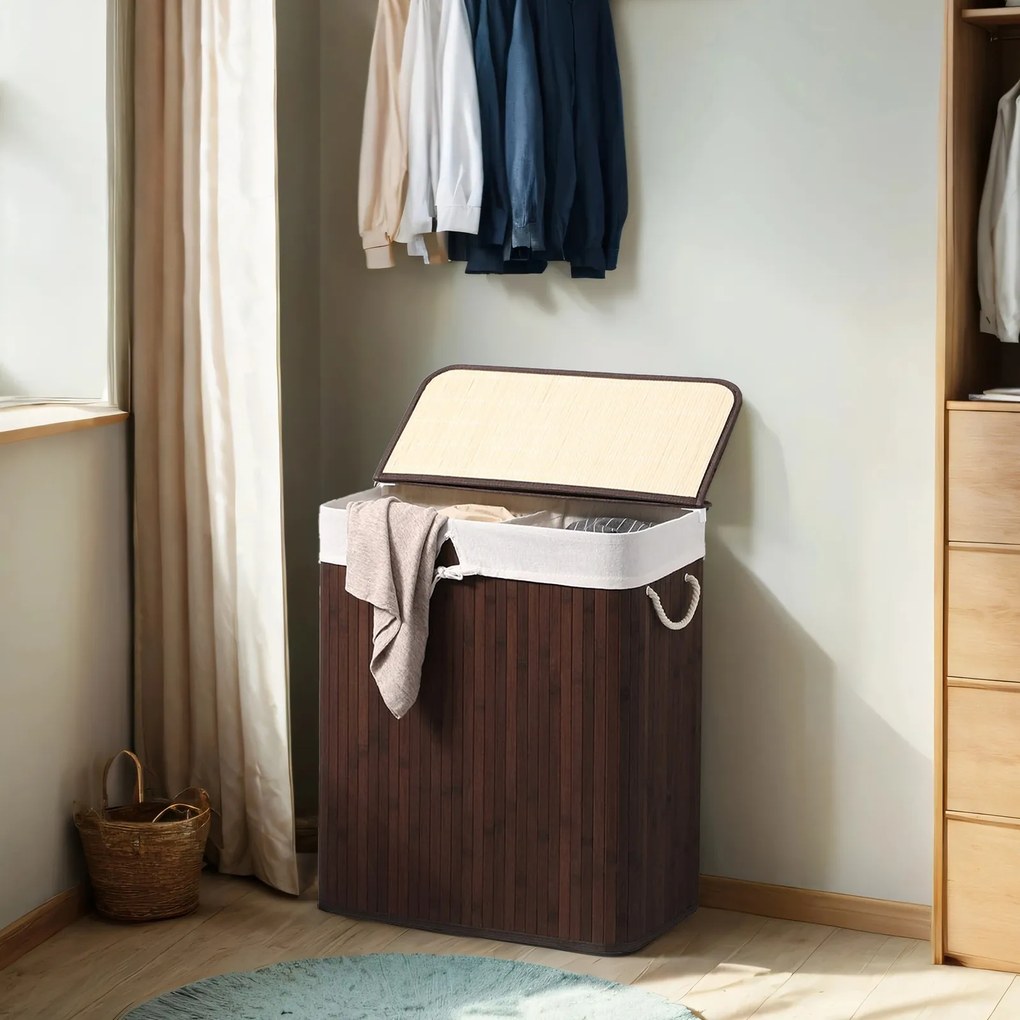 Cesto para roupa suja com 2 compartimentos de 51,5 x 31,5 x 61,5 cm castanho
