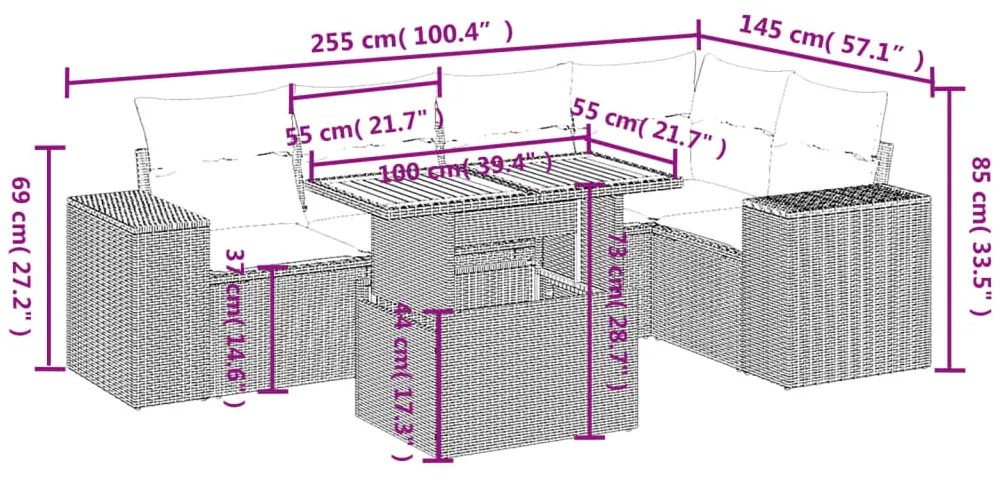 6 pcs conjunto sofás de jardim c/ almofadões vime PE preto
