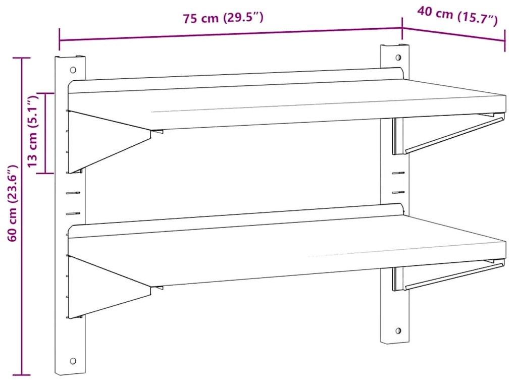 Estante parede 2 prateleiras 75x40x60 cm aço inoxidável prata