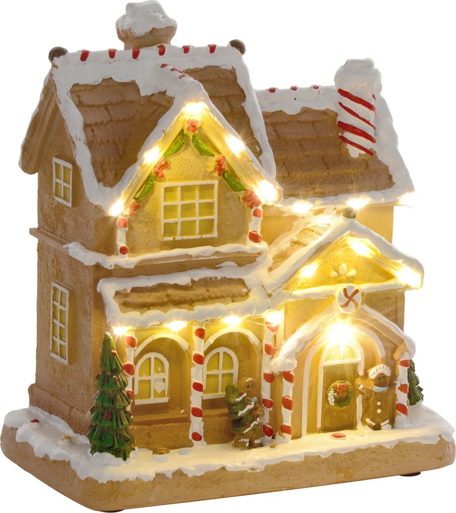 HOMCOM Casa de gengibre com luzes LED e música, casa de Natal paisagem invernal com boneco de gengibre, para o Natal, Castanho | Aosom Portugal