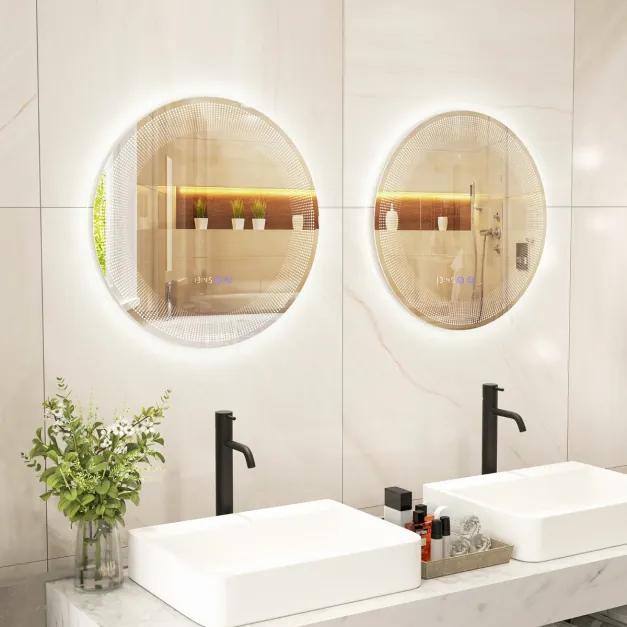 Espelho de casa de banho redondo LED com 3 luzes coloridas Indicação da hora e da temperatura com interrutor tátil Espelho de maquilhagem prateado de