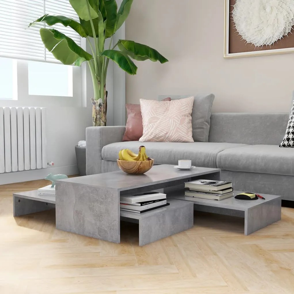 vidaXL Conj. mesas de centro 100x100x26,5 cm contrapl. cinza cimento