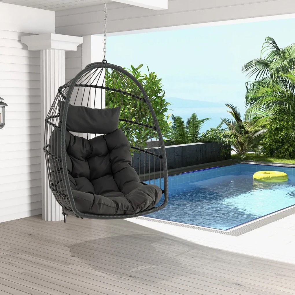 Cadeira suspensa em forma de ovo com almofada para a cabeça, almofada para o assento, cesto de vime, design dobrável, carga máxima 150 kg, 77,5 x 74 x