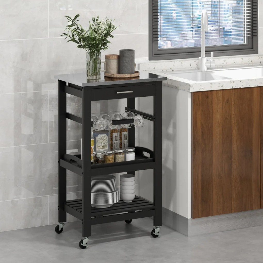 Carrinho de cozinha 47 x 39 x 85 cm de 4 níveis com bancada de metal Gaveta removível Cesto Bandeja móvel Preto