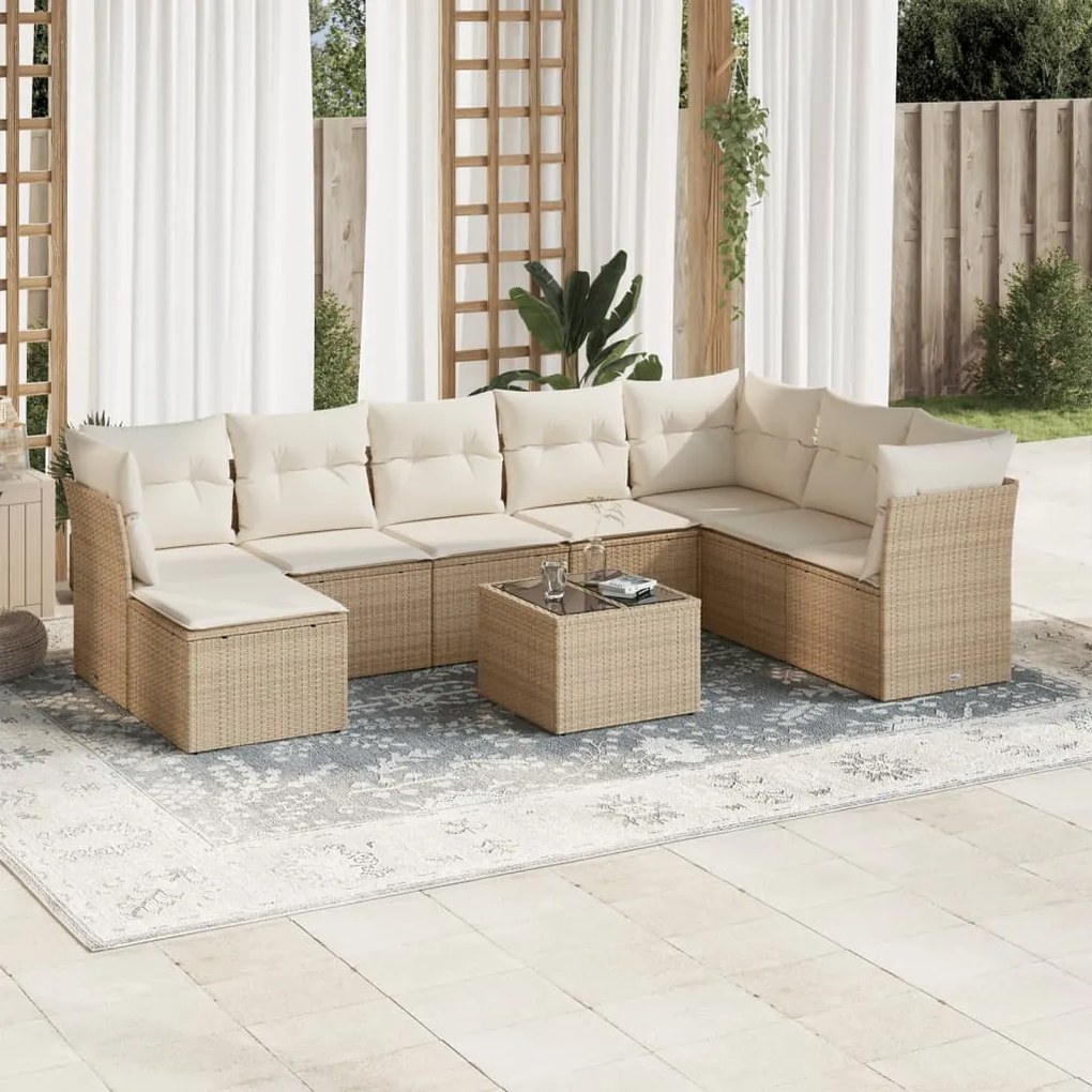 vidaXL 9 pcs conjunto de sofás p/ jardim com almofadões vime PE bege