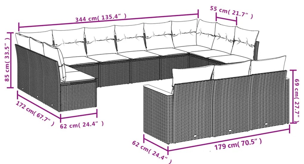 13 pcs conjunto de sofás de jardim com almofadões vime PE preto