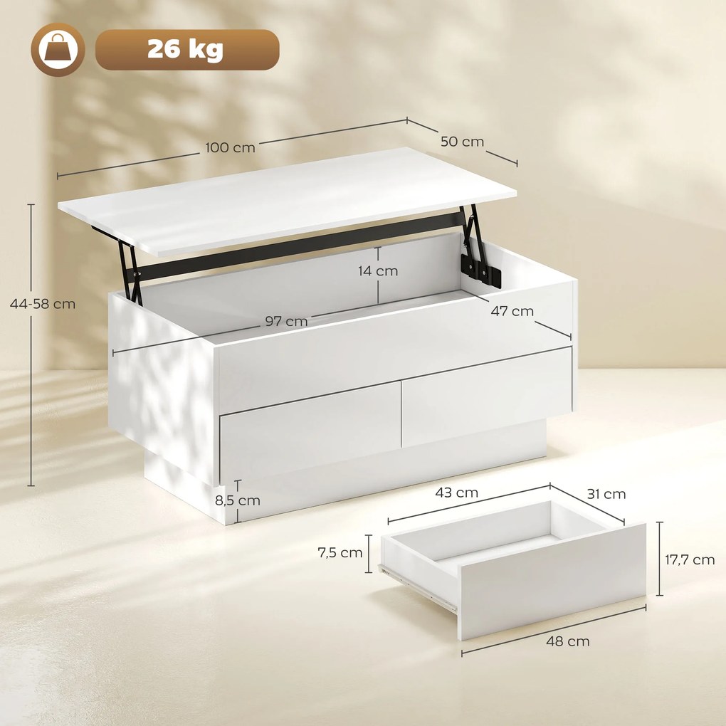 Mesa de centro com altura ajustável, mesa de sala com compartimento oculto e 2 gavetas, 100 x 50 x 44 cm, branca