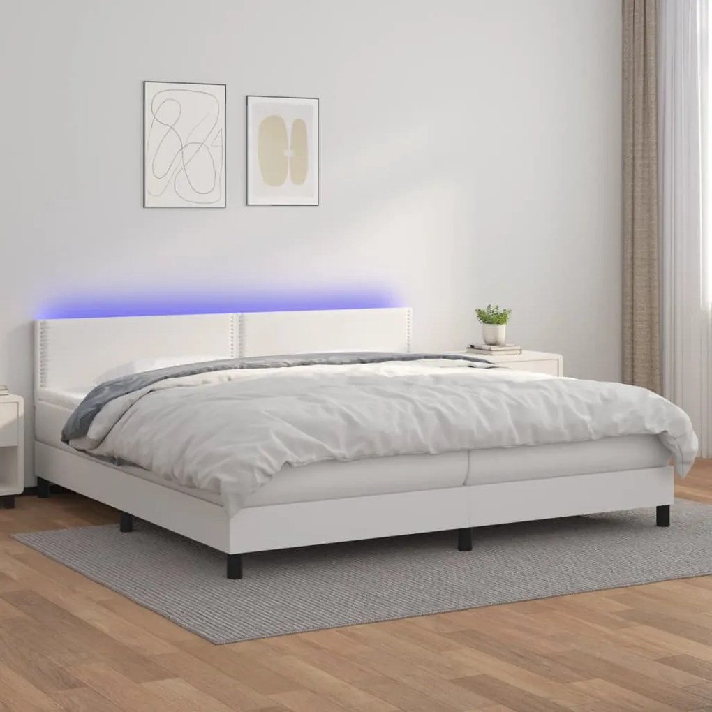 Cama box spring c/colchão/LED 200x200cm couro artificial branco