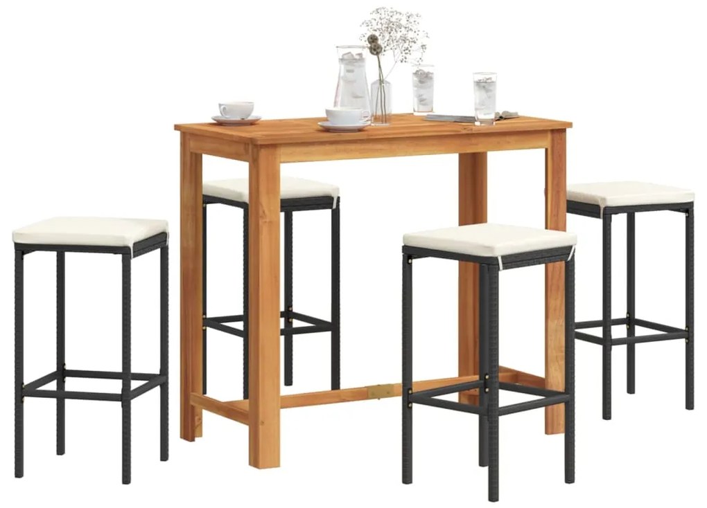 5 pcs conjunto de bar para jardim vime PE/acácia maciça preto
