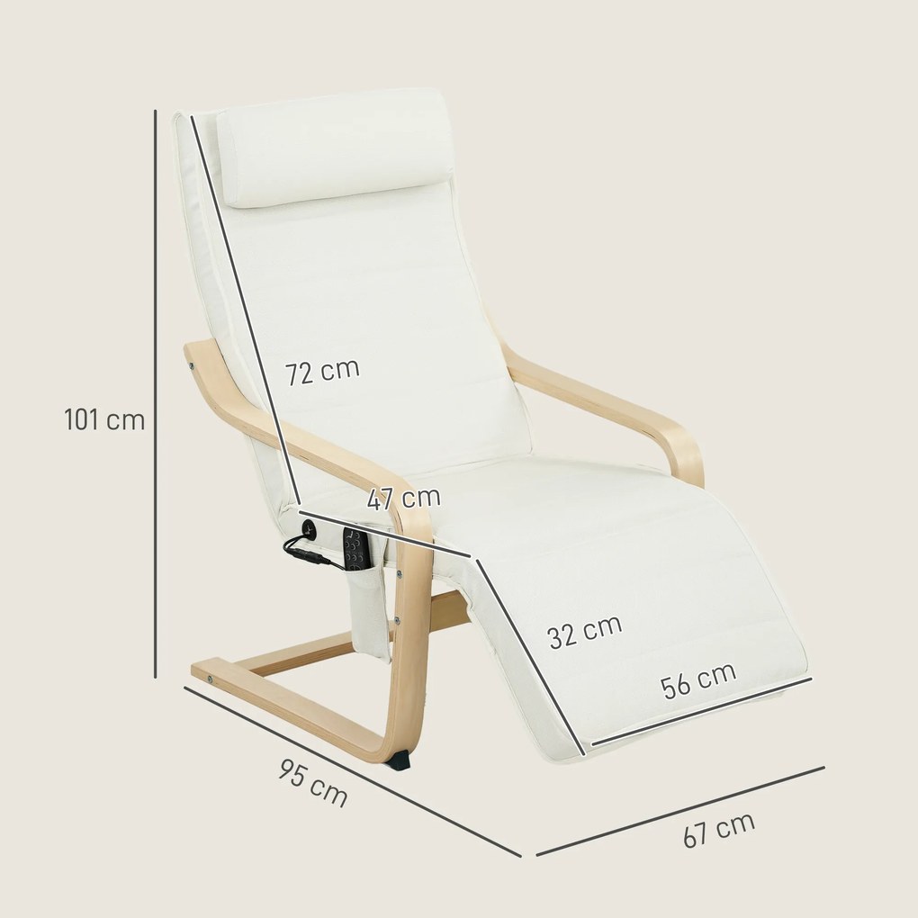 Poltrona de sala de estar, poltrona relaxante com massagem e aquecimento, encosto alto, apoio para a cabeça e apoio para os pés, 67 x 95 x 101 cm, cre