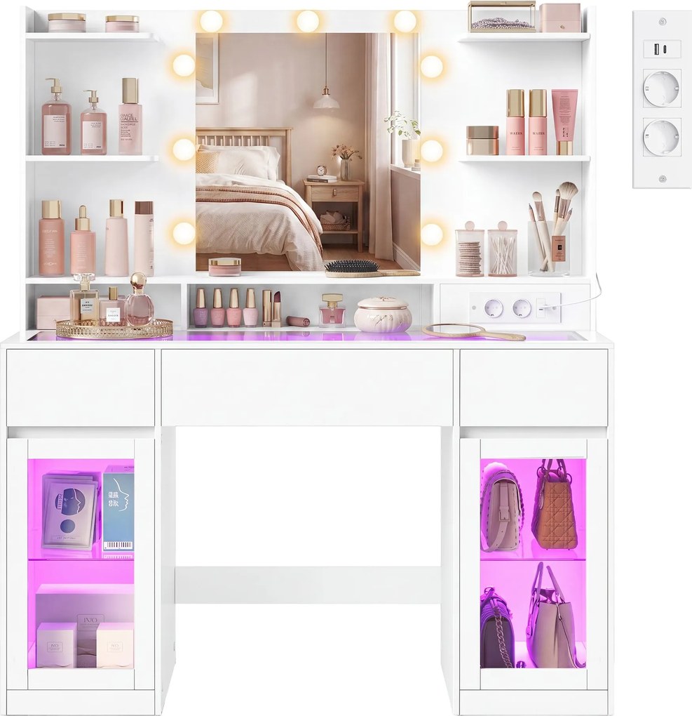 Toucador com espelho 107 x 40 x 144,5 cm (CADEIRA NÃO INCLUIDA), iluminação RGB, tomada e 2 armários Branco