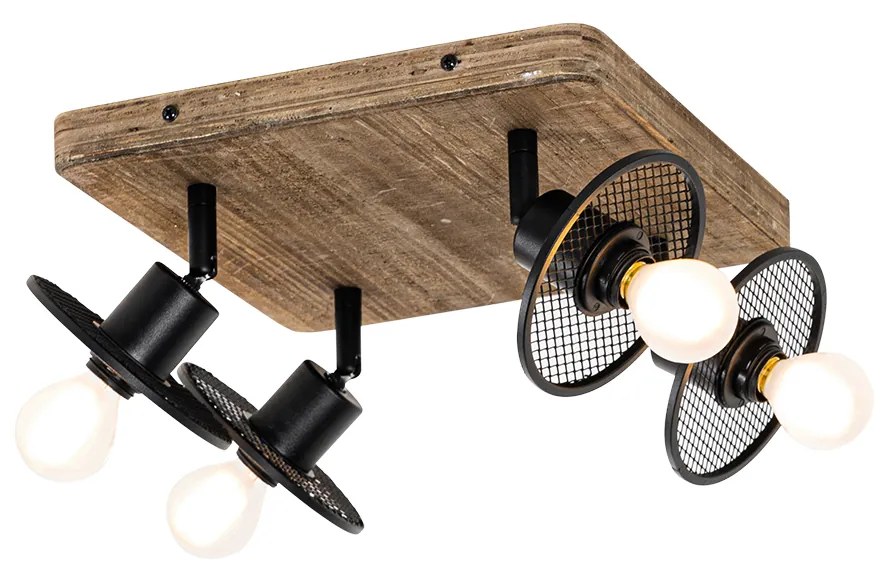 Luminária de teto industrial preto com madeira 4 luzes - Jasmine Industrial