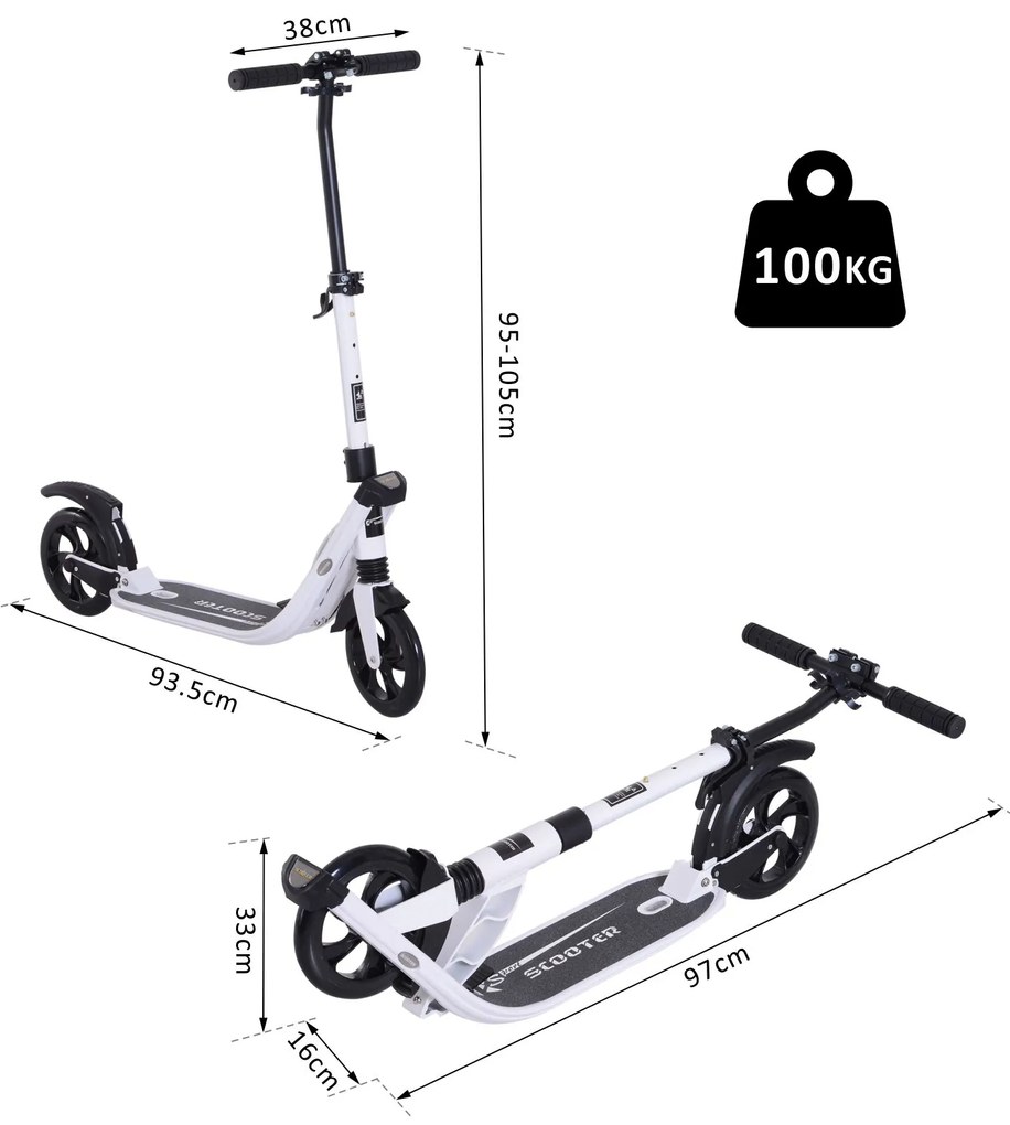 Trotinete Dobrável para Adultos e Crianças acima de 14 anos com Guiador Altura Ajustável Carga 100 kg 93.5x38x95-105 cm