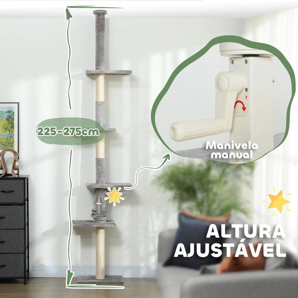 Arranhador para Gatos do Chão ao Teto 225-275 cm Torre para Gatos com Múltiplas Plataformas Sistema Anti-Tombo Cinza