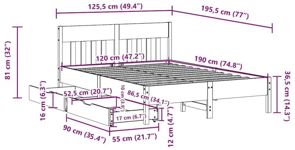 Cama sem colchão 120x190 cm madeira pinho maciça castanho-mel