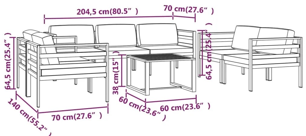 8 pcs conjunto lounge jardim com almofadões alumínio antracite