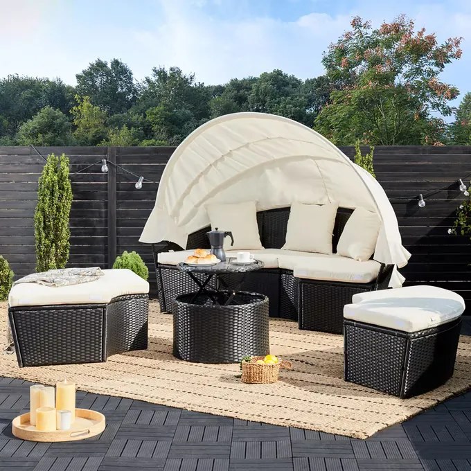 Cama jardim em Polyrattan com toldo sol e mesas telescópica Ø185cm preto/creme