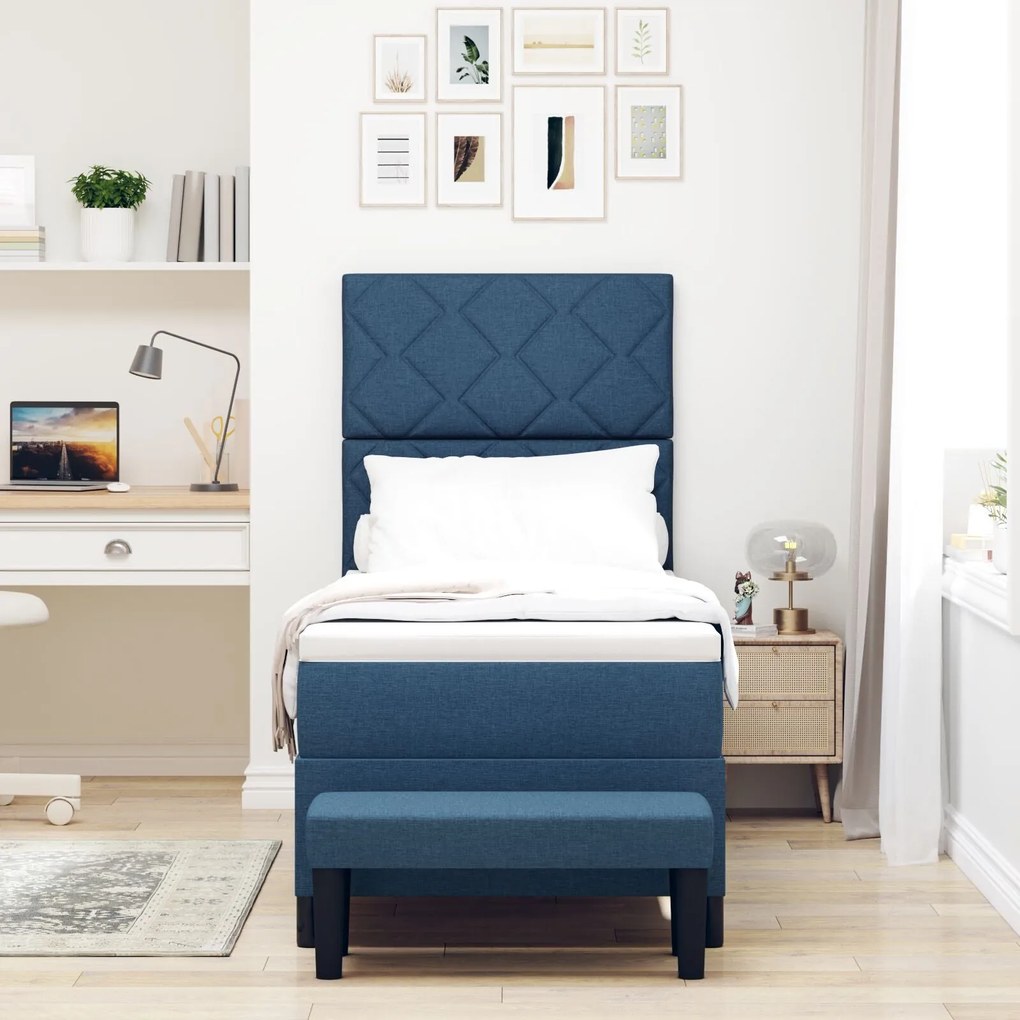 Cama Box Spring com Colchão &amp; Banco Azul 80x200 cm Tecido