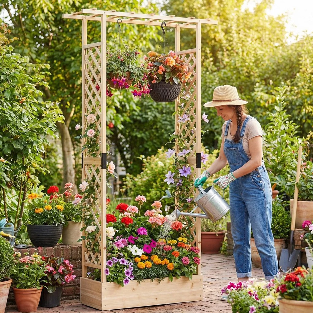 Floreira de jardim 110 x 35 x 227 cm elevada em madeira com treliça, teto suspenso, orifícios de drenagem, abeto, para plantas trepadeiras, natural