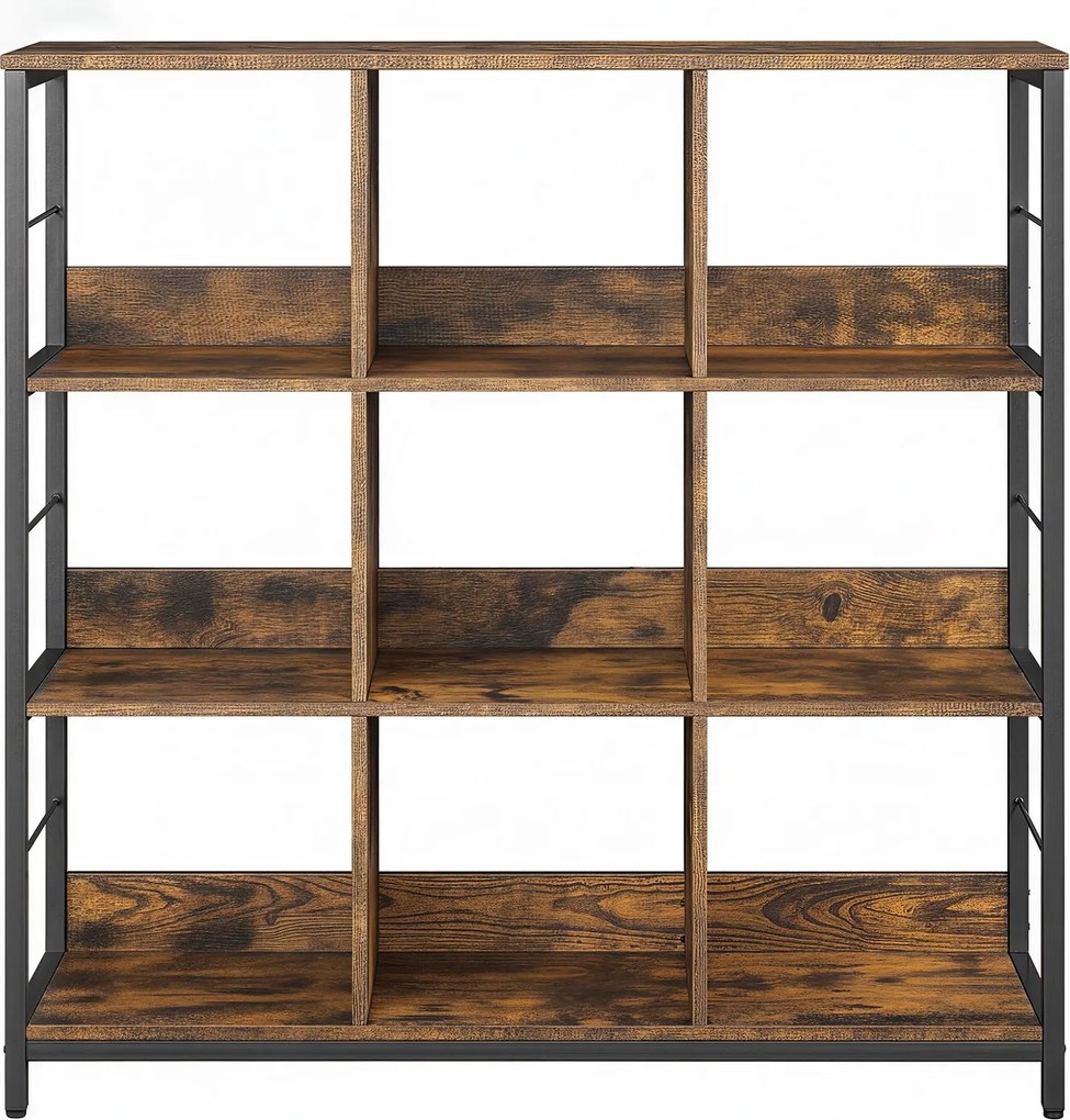 Estante com 3 prateleiras 100 x 30 x 103,1 cm, estante para livros com 9 compartimentos, Castanho vintage-preto