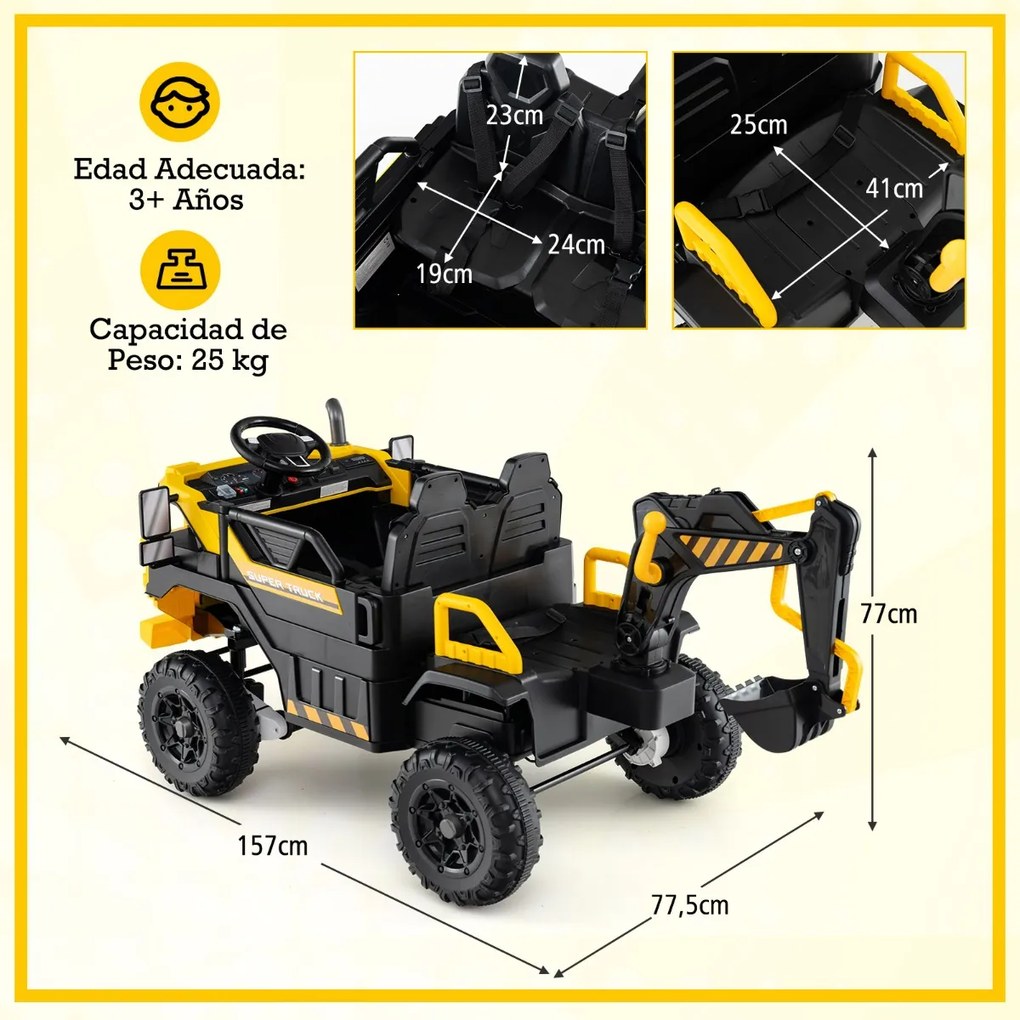 Escavadora elétrica 24 V, 4x4, para crianças com comando à distância, música, luzes, braço de escavação amarela