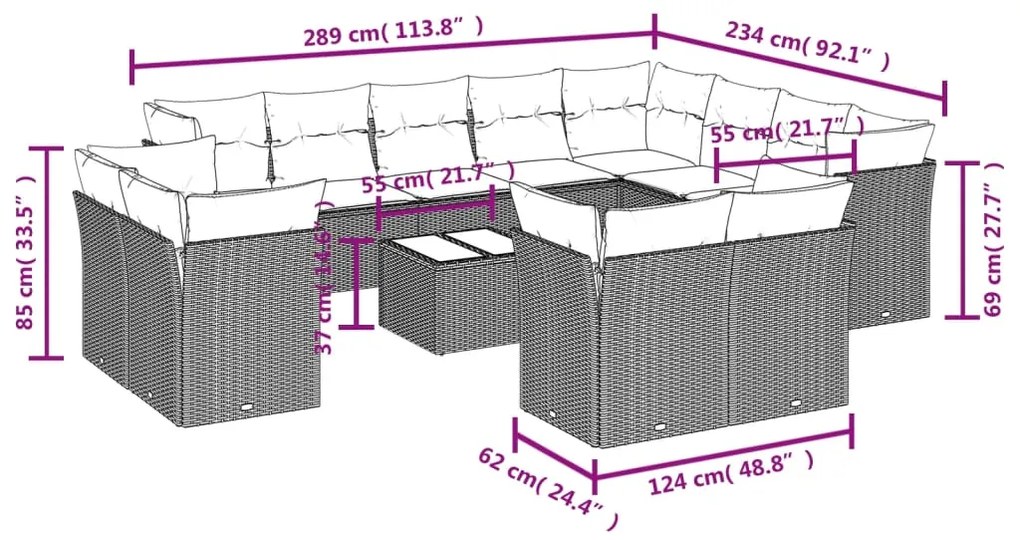 13 pcs conjunto sofás p/ jardim c/ almofadões vime PE cinzento