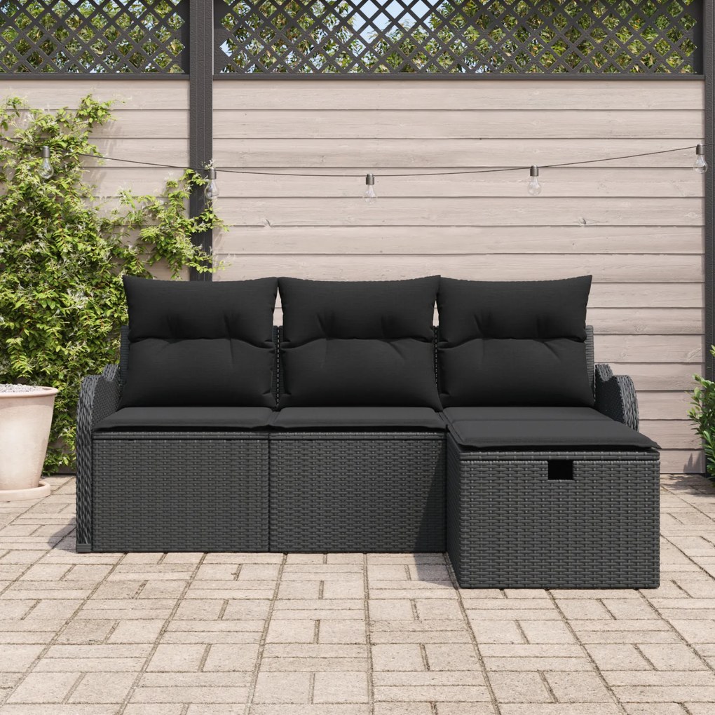 Conjunto de Sofá de Jardim vidaXL 4 Peças com Almofadas Pretas de Ratt