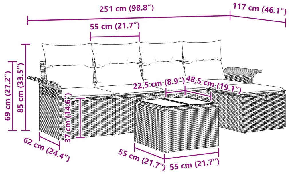 Conjunto de Sofá de 6 Peças com Almofadas Cinza Vime Sintético