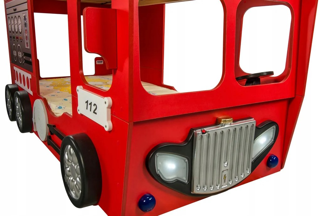 Cama para criança Beliche Camião dos Bombeiros 207 x 116 x 150  cm com Luzes LED 2 colchões e estrados incluídos Vermelho