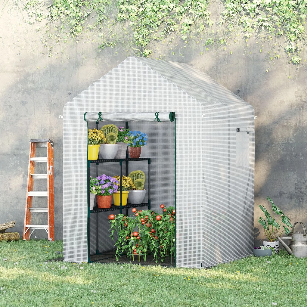 Outsunny Estufa de Jardim 143x143x195cm Estufa de Aço com 2 Prateleiras Porta e 2 Janelas Enroláveis para Cultivo de Plantas Vasos de Flores Pátio Exterior Branco
