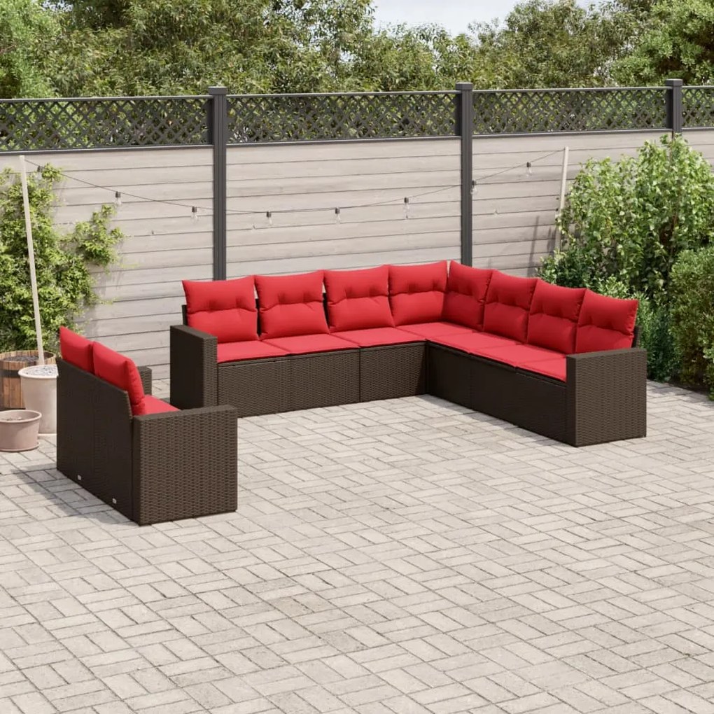 vidaXL 9 pcs conjunto sofás p/ jardim c/ almofadões vime PE castanho